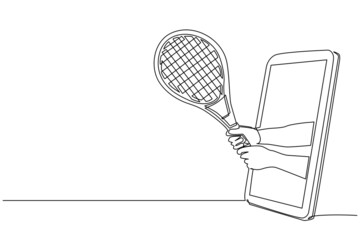 Poster - Continuous one line drawing player hand holds tennis racket through mobile phone. Smartphone with tennis games app. Mobile sports stream championship. Single line draw design vector illustration
