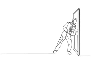 Poster - single continuous line drawing businessman running wants to break down the door. business struggle. 