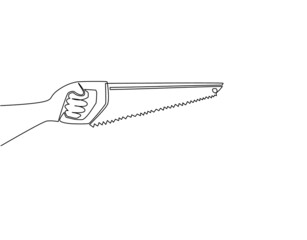 Poster - Continuous one line drawing hand holding saw. Saw on wood for sawing boards, plywood. Tool fitter, carpenter. Steel hacksaw for working with board. Single line draw design vector graphic illustration