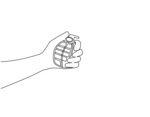 Poster - Single one line drawing hand holding grenade. Army explosive weapon equipment symbol icon isolated. Offensive individual soldier weapon. Modern continuous line draw design graphic vector illustration