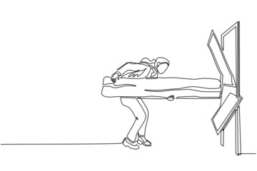 Poster - Single one line drawing businesswoman holding large log and destroying door. Overcome challenges, and destroying obstacles with power and brute force. Modern continuous line draw design graphic vector