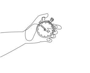 Poster - Single continuous line drawing human hand holding stopwatch. Arrow, clock, meter. Measurement and time management concept for banner, website design or landing web page. One line draw design vector