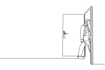 Poster - continuous one line drawing businessman enters the room through the door. man walking to opened door