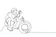Continuous one line drawing prehistoric primitive people isometric composition with ancient human character trundling wheel made of stone. Caveman inventing the wheel. Single line draw design vector