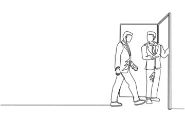 Poster - Single continuous line drawing businessman at the door welcomes his friend in. Man is inviting his friend to get into his house. Hospitality concept. One line draw graphic design vector illustration