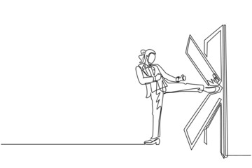 Poster - Single one line drawing businesswoman kicks the door until door shattered. Woman kicking locked door and destroy. Business concept of overcoming obstacles. Continuous line draw design graphic vector