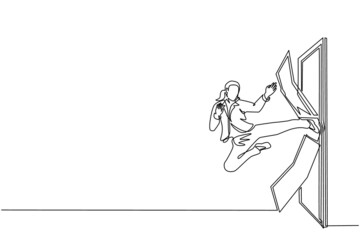 Poster - Single one line drawing businesswoman kicks the door with flying kick until door shattered. Man kicking locked door. Business concept of overcoming obstacles. Modern continuous line draw design vector