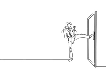 Poster - Single continuous line drawing businesswoman prying doorknob with screwdriver. Woman repair broken handle door knob with handywoman tool in tool box. Business concept. One line draw design vector