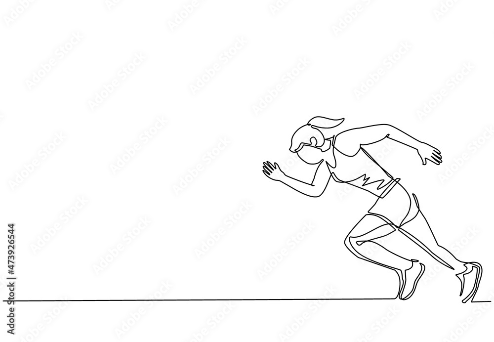 Continuous one line drawing young agile woman runner focus practicing ...