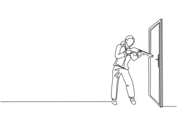 Poster - Single one line drawing businesswoman pointing shotgun at doorknob. Business breakthrough struggle. The power to succeed. Open closed door. Modern continuous line design graphic vector illustration