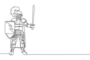Poster - single continuous line drawing medieval knight in armor, cape and helmet with feather. warrior of mi