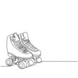 Single continuous line drawing pair of vintage, retro quad roller skates icon logo symbol. Sketch style pair of quad roller skates with white laces. One line draw graphic design vector illustration