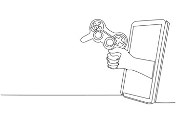 Single one line drawing gamer hand holds joystick through mobile phone. Smartphone with video game console app. Mobile sports games stream championship. Continuous line draw design vector illustration