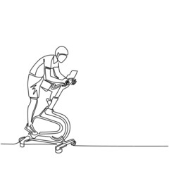 Poster - Single one line drawing man doing cardio. Stationary bike. Spinning exercise. Young man doing routine exercise at home using static bike. Modern continuous line draw design graphic vector illustration
