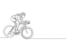 Single One Line Drawing Young Energetic Woman Bicycle Racer Focus Train Her Speed At Training Session. Racing Cyclist Concept. Healthy Cycling Sport Event. Continuous Line Draw Design Graphic Vector