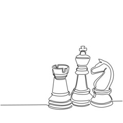 Poster - Single continuous line drawing chess pieces silhouette icon set isolated on white background. Black chess figures bishop, knight, rook game design elements. One line draw design vector illustration