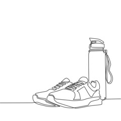 Poster - Single one line drawing sport sneakers and sport bottle. Fitness running or jogging concept. Idea of healthy and active lifestyle. Healthy lifestyle concept. Modern continuous line draw design vector