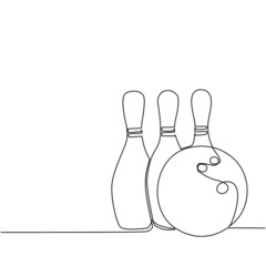 Poster - Single one line drawing bowling ball and pins. Sports equipment. Bowling sport game. Ball crashing pins. Strike bowling leisure concept. Modern continuous line draw design graphic vector illustration