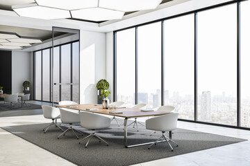 Poster - Clean concrete and wooden designer meeting room office room interior with furniture, equipment, computers, carpet and panoramic city view. 3D Rendering.