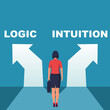 © hvostik16 - Intuition or logic. Choice way concept. Decision business metaphor. Vector flat style design. Isolated on background. Businesswoman before choosing. Crossroads arrows. Decide direction.