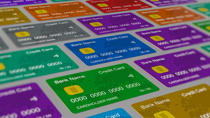 Poster - top view of a grid of colorful credit cards (3d render)