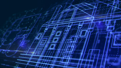 cad software concept, house blueprint, futuristic interface (3d render)