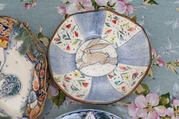 Wall Mural - Gzhel, russian ware. Table setting, traditonal national russian folk handicraft: gzhel. Gzhel plate, ware with gzhel painting by Stirada. Russian craft ware. Art