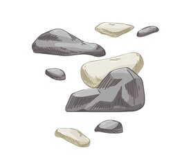 Aufkleber - Stones pile. Cobblestones composition. Rough cobbles group. Natural mountain fossil. Rock fragments and pieces. Geological hand-drawn vector illustration isolated on white background