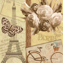 Paris Vintage Background With Roses, Eiffel Tower And Bicycle.