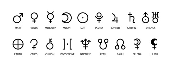 planet symbol. vector black sign on white. mars, venus, mercury and moon. sun, pluto, jupiter and sa