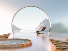 Restorative Escape Concept. Winter Arctic Surreal Place With Wooden Lounge Chairs And Pool. Metaverse Travelling To Surreal Places. 3d Render