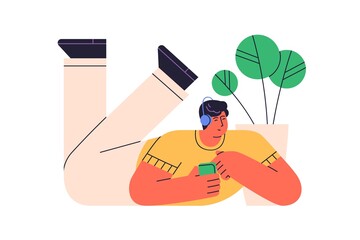 Poster - Happy man in headphones listening to music with mobile phone app. Relaxed guy lying with smartphone and enjoying podcast application at leisure. Flat vector illustration isolated on white background