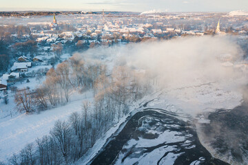 Poster - River Venta and Kuldiga town in foggy winter day, Latvia. Captured from above