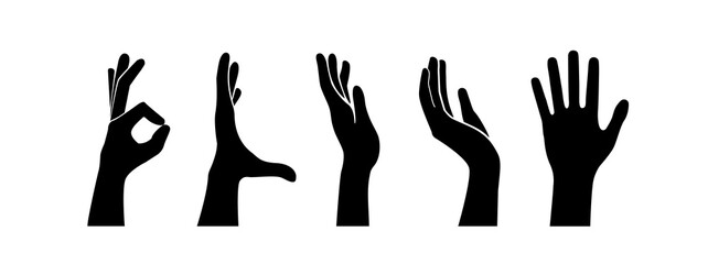 Raised hands silhouette on white background. Black hands. Vector icon.