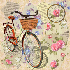 Vintage postcard with roses and bicycle on torn newspaper background.