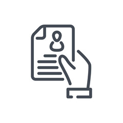 Poster - candidate and resume line icon. hand holding document with person on it vector outline sign.