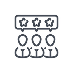Fototapete - Customer satisfaction and Client feedback line icon. Three persons with chat box and stars vector outline sign.