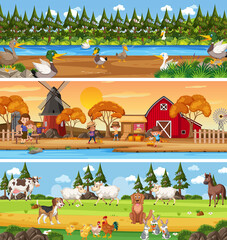 Wall Mural - Different nature landscape at daytime scene with cartoon character