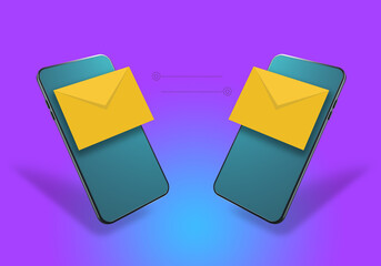 Poster - Correspondence using smartphones. Envelopes on the background of mobile phones. The mail application in the phone. Business and personal correspondence. Emails in the phone. 3d image