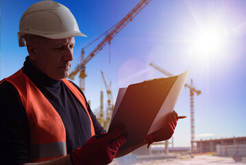 Poster - Engineer or architect on construction site. A man examines construction drawings. Background of cranes and the sun. Adult construction worker in a white helmet. Builder on construction site.