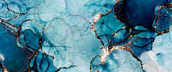 Wall Mural - dreamy abstract background made with alcohol ink technique and bright gold texture veins, watercolou