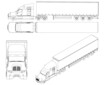 Set with contours of trucks with wagons from black lines Isolated on white background. Front, side, top, isometric view. Vector illustration