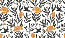 Boho Mystical Seamless Pattern. Vector Background With Flower, Bird And Floral Elements In Trendy Bohemian Tattoo Style.