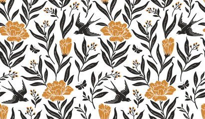 Wall Mural - boho mystical seamless pattern. vector background with flower, bird and floral elements in trendy bo