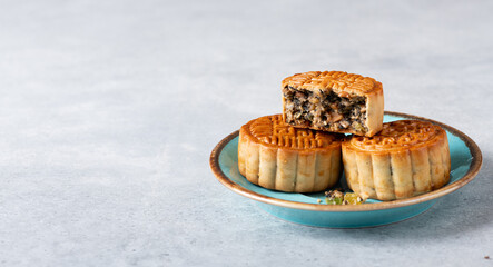 Moon cake, Chinese traditional pastry, copy space