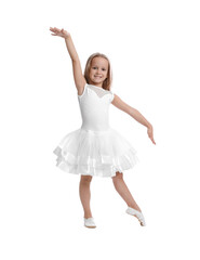 Sticker - Cute little girl in beautiful dress dancing on white background