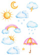 Weather set; watercolor hand drawn illustration; with white isolated background