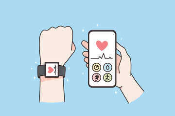 Person with tracker device on hand wrist use application on smartphone. Man use modern app on watch and cellphone check health and pace. Technology and healthcare concept. Vector illustration. 