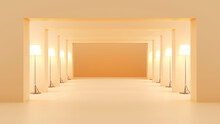 Three Dimensional Render Of Beige Colored Corridor Illuminated By Rows Of Floor Lamps