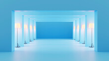 Three Dimensional Render Of Blue Corridor Illuminated By Rows Of Floor Lamps